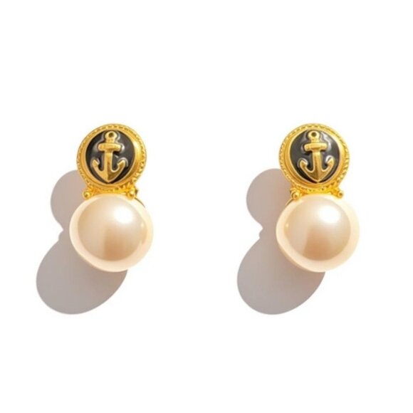 Vintage Marvella Gold-Tone Anchor Clip-On Earrings With Faux Pearl Accents - Picture 1 of 7